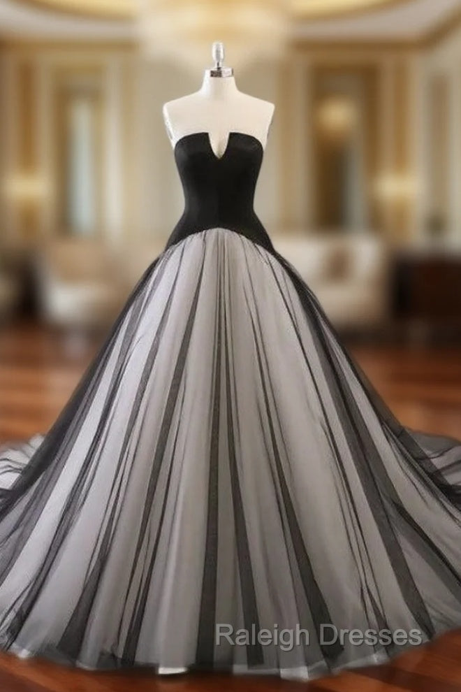 Black Satin Tulle Strapless Sleeveless Wedding Dress With Train