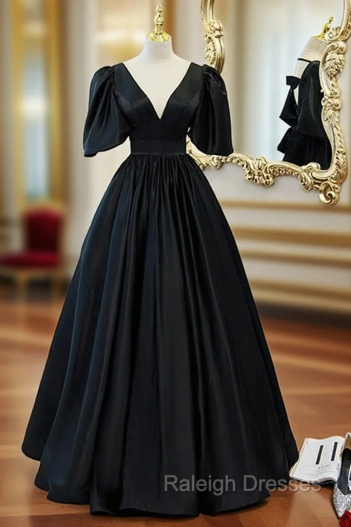 Black Satin V-neck Backless Puff Sleeve Prom Dress