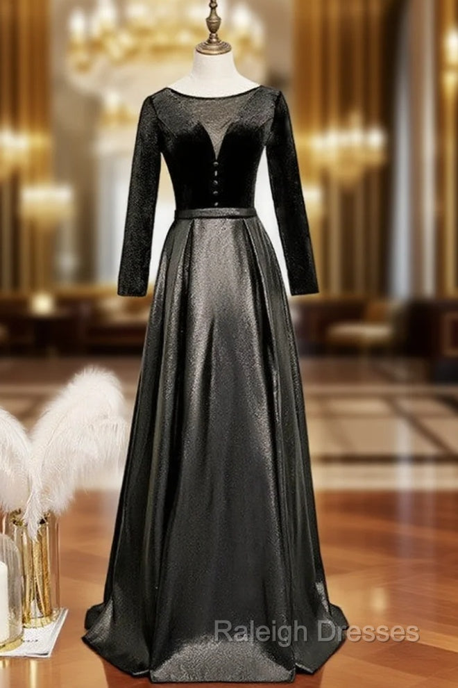 Black Satin Velvet Long Sleeve Button Prom Dress Main image