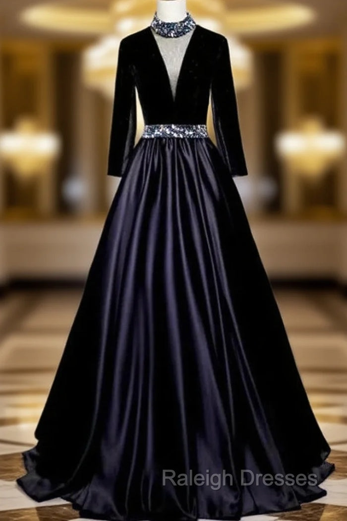 Black Satin Velvet Long Sleeve Crystal Prom Dress Main image