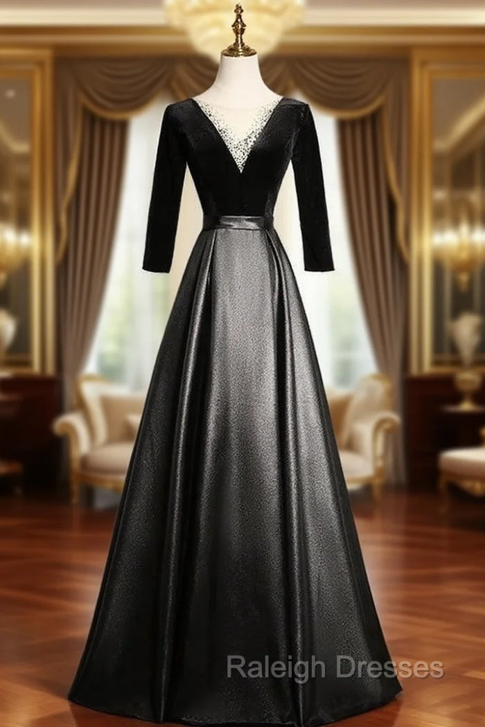 Black Satin Velvet Long Sleeve Prom Dress