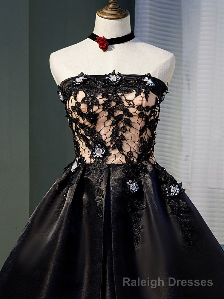 Black Satin with Lace Knee Length Prom Dress Homecoming Dress, Black Prom Dresses