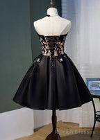 Black Satin with Lace Knee Length Prom Dress Homecoming Dress, Black Prom Dresses