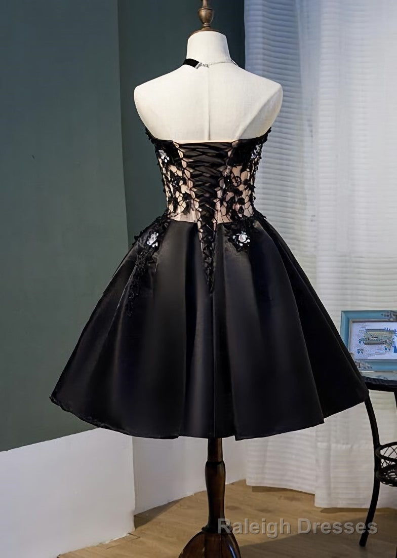 Black Satin with Lace Knee Length Prom Dress Homecoming Dress, Black Prom Dresses