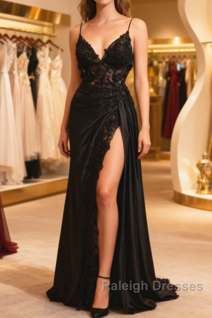 Black Satin With Lace V-Neckline With Leg Slit Prom Dress, Black Prom Dress Main image