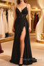 Black Satin With Lace V-Neckline With Leg Slit Prom Dresses Black Prom Dresses