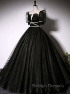 Black Scoop Neckline Long Prom Dress, Shiny Tulle Black Prom Dress