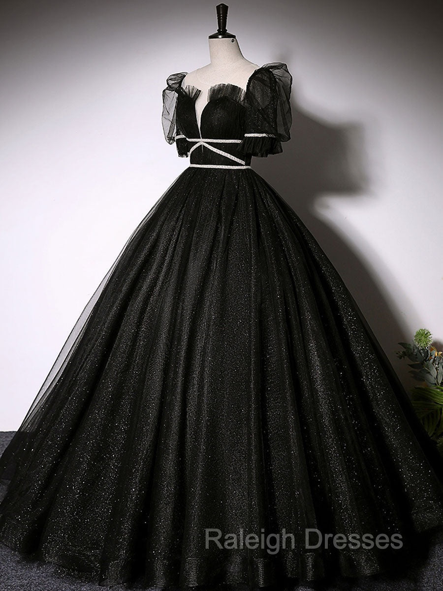 Black Scoop Neckline Long Prom Dress, Shiny Tulle Black Prom Dress