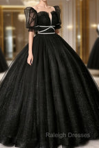 Black Scoop Neckline Long Prom Dress, Shiny Tulle Black Evening Dress