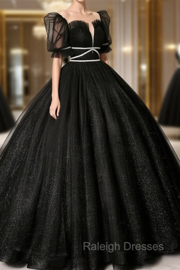 Black Scoop Neckline Long Prom Dress, Shiny Tulle Black Evening Dress