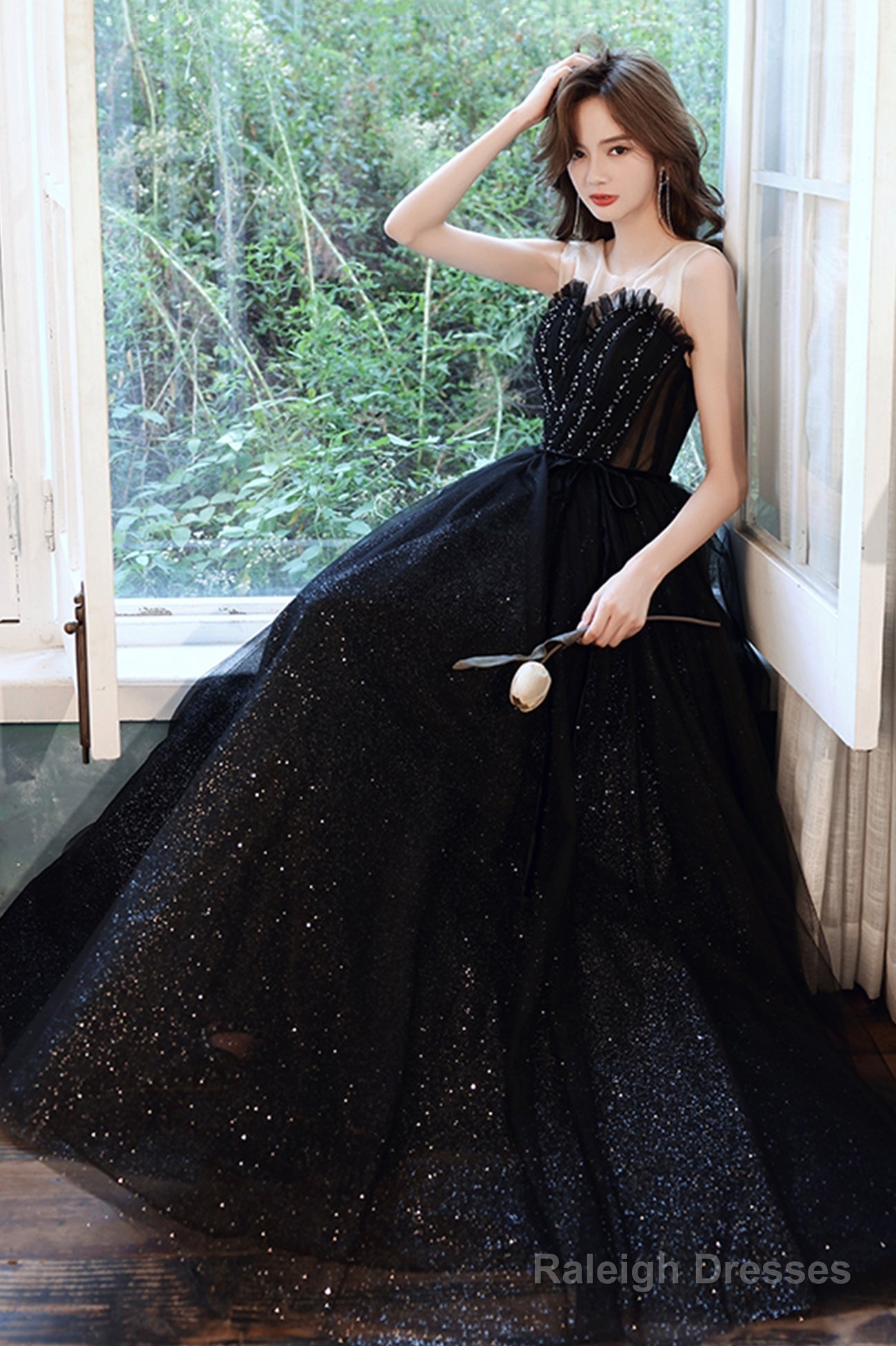 Black Scoop Neckline Tulle Long Prom Dress, A-Line Evening Party Dress Secondary image