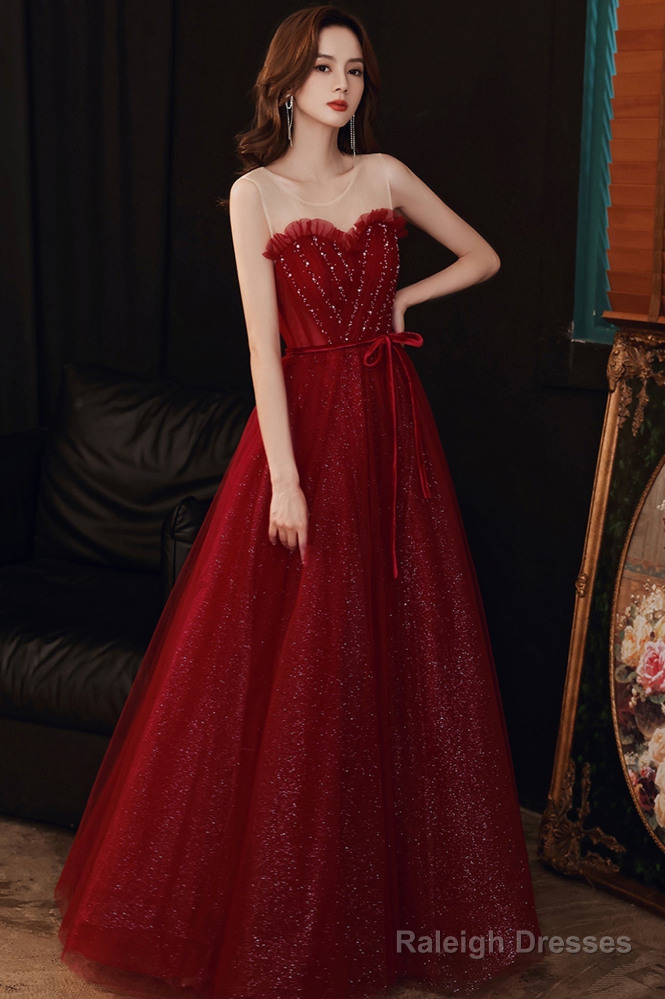 Black Scoop Neckline Tulle Long Prom Dress, A-Line Evening Party Dress