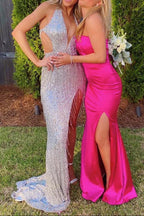 Black Sequin Fringe Halter Prom Dresses Long With Slit