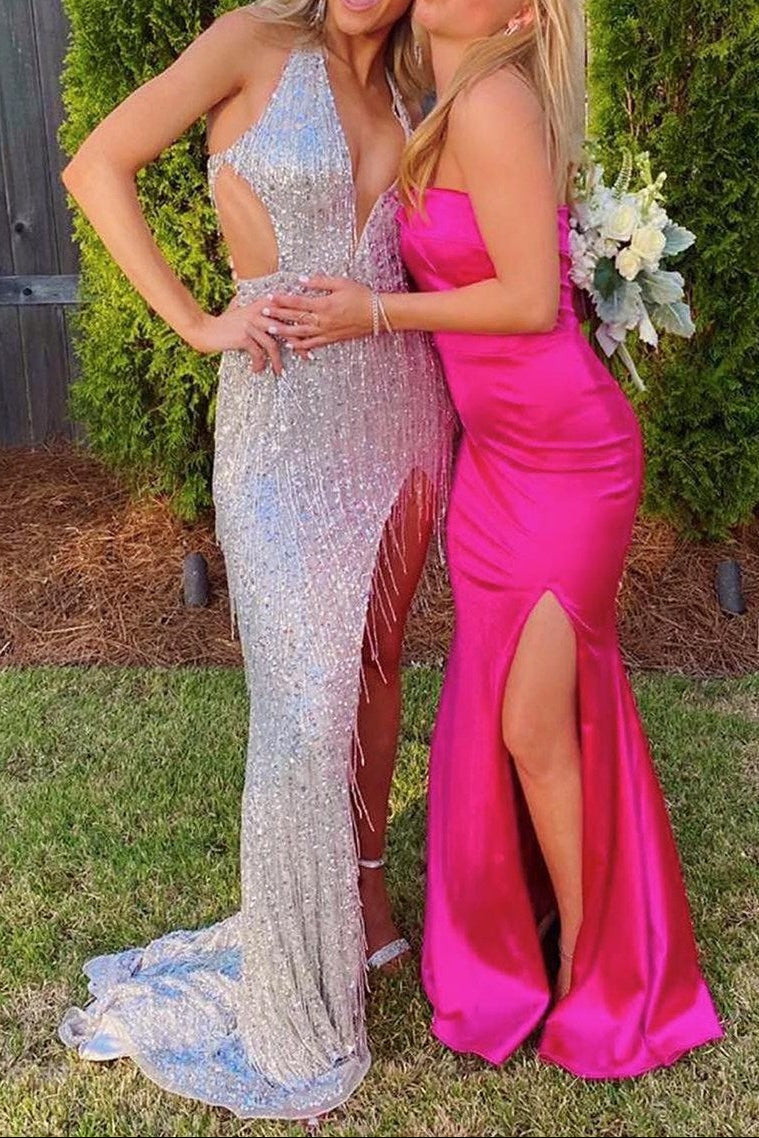 Black Sequin Fringe Halter Prom Dresses Long With Slit