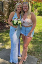 Black Sequin Fringe Halter Prom Dresses Long With Slit
