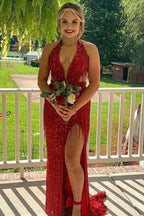 Black Sequin Fringe Halter Prom Dresses Long With Slit