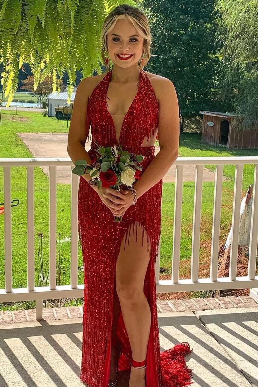 Black Sequin Fringe Halter Prom Dresses Long With Slit