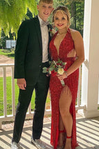 Black Sequin Fringe Halter Prom Dresses Long With Slit