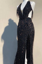 Black Sequin Fringe Halter Prom Dresses Long With Slit