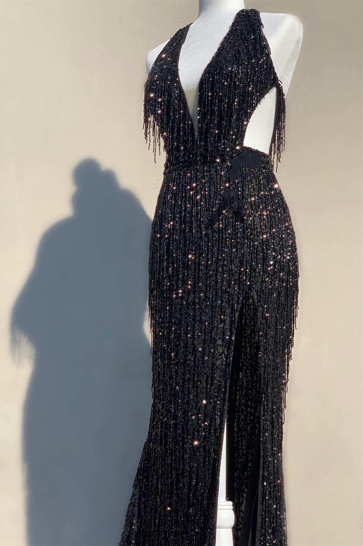 Black Sequin Fringe Halter Prom Dresses Long With Slit