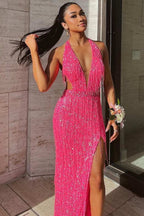 Black Sequin Fringe Halter Prom Dresses Long With Slit
