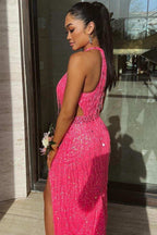 Black Sequin Fringe Halter Prom Dresses Long With Slit