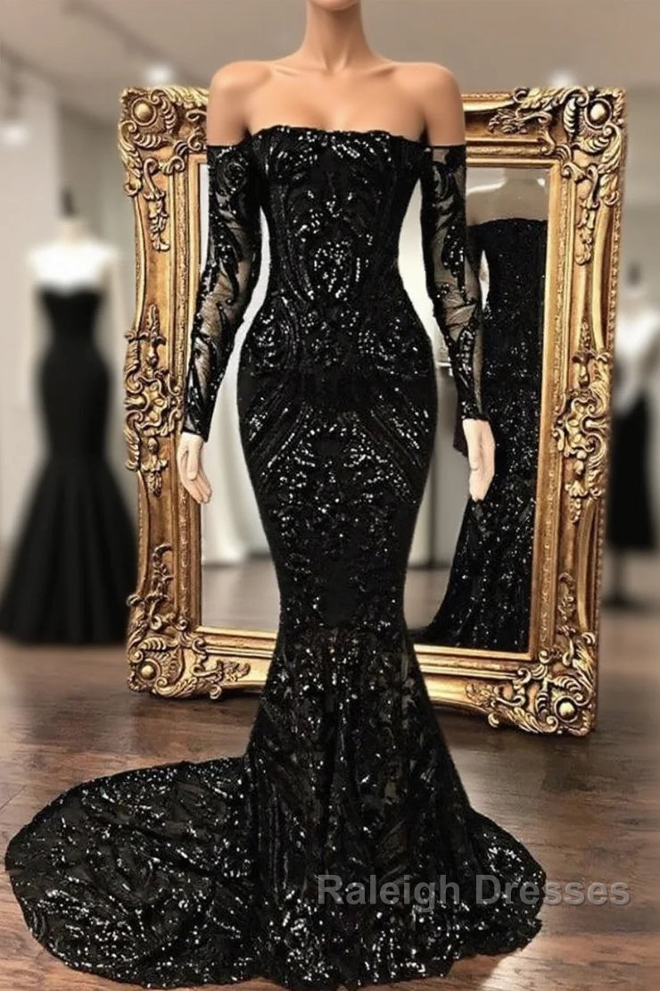 Black Sequin Long Sleeve Mermaid Prom Dress
