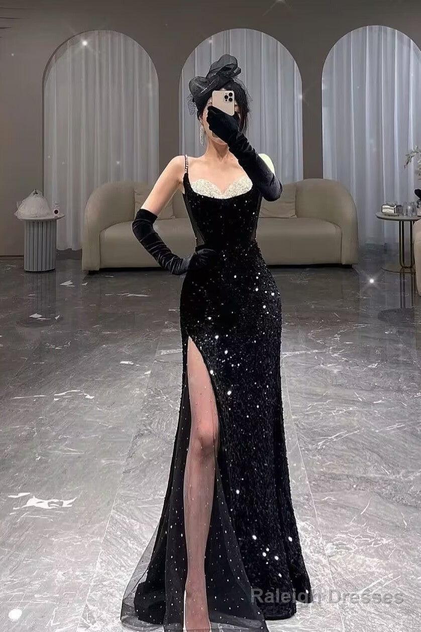 Black Sequin Mermaid Prom Dresses Long With Slit