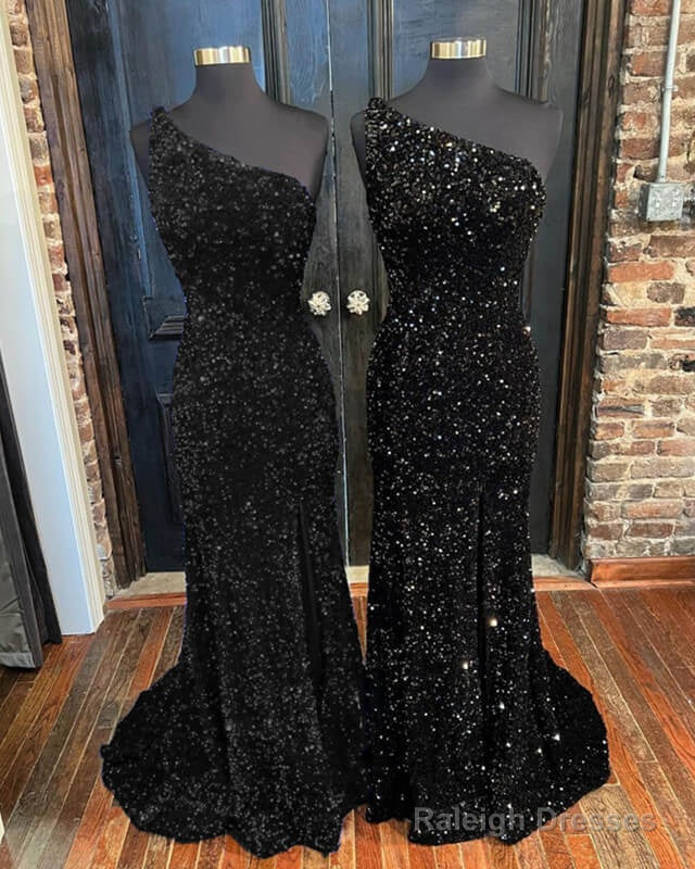 Black Sequin One Shoulder Slit Dresses