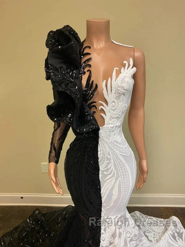 Black Sequin Trumpet Mermaid Long Sleeve Prom Dresses