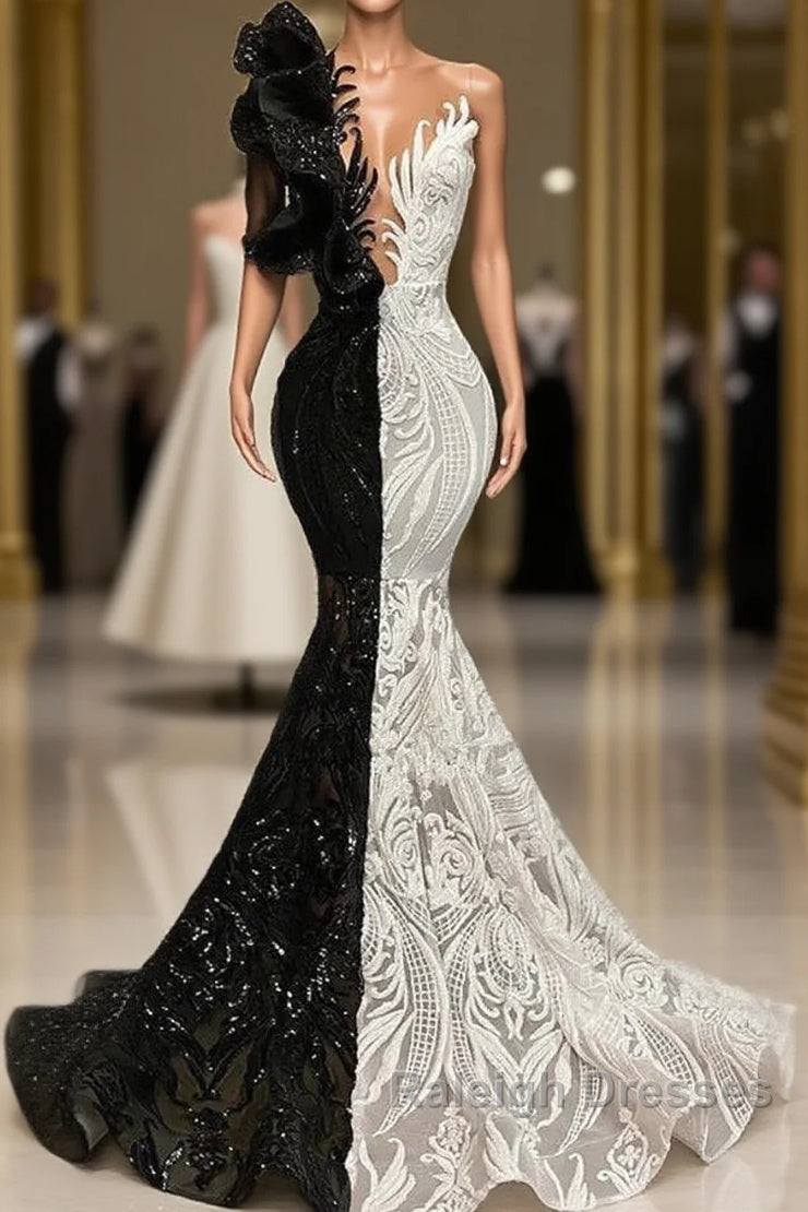 Black Sequin Trumpet Mermaid Long Sleeve Prom Dresses