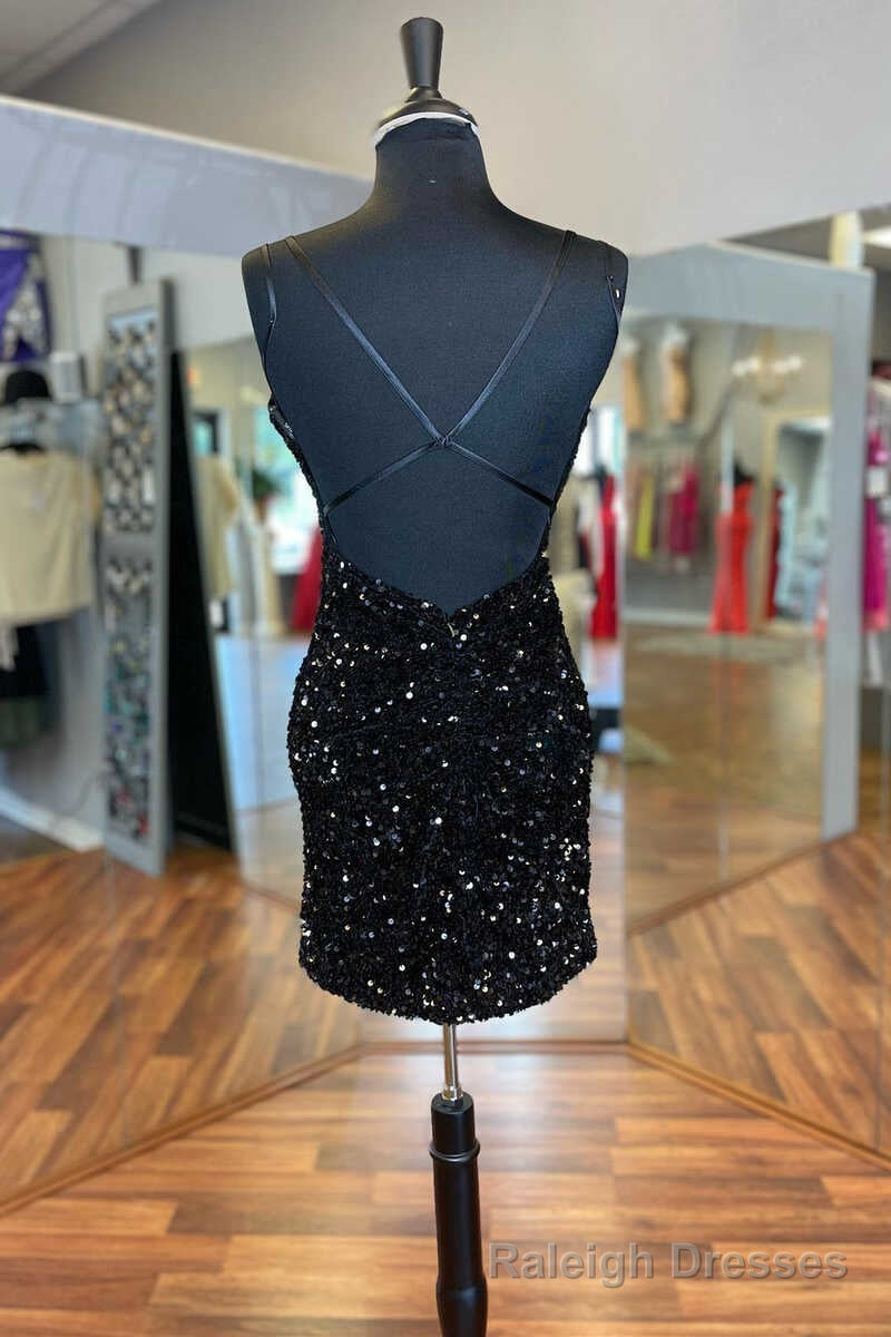 Black Sequin V Neck Backless Short Homecoming Dress Wedding Main image