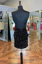 Black Sequin V Neck Backless Short Homecoming Dress Wedding