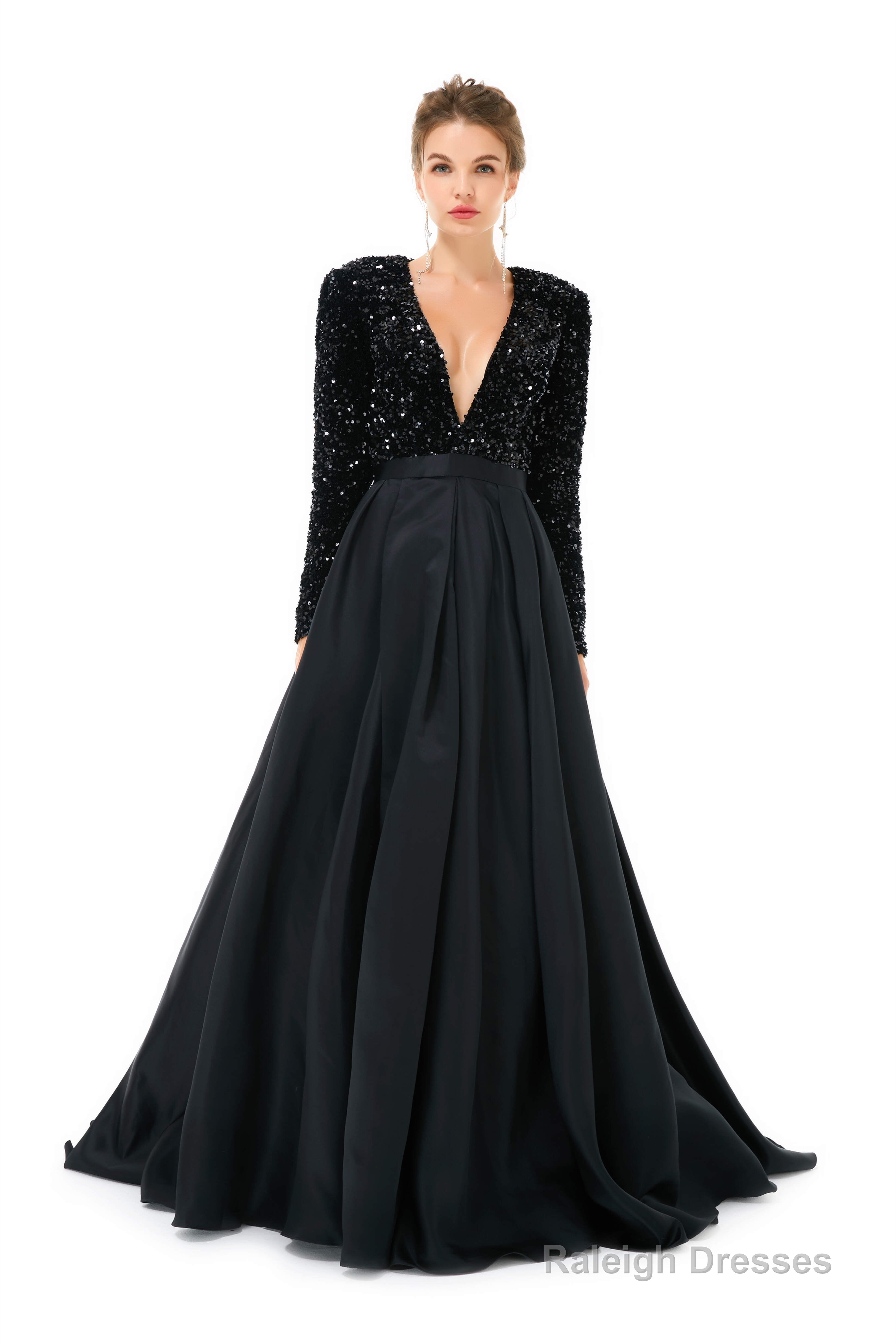 Sequined Satin A Line Front Slit V Neck Full Sleeve Sweep Train Long Prom Dresses
