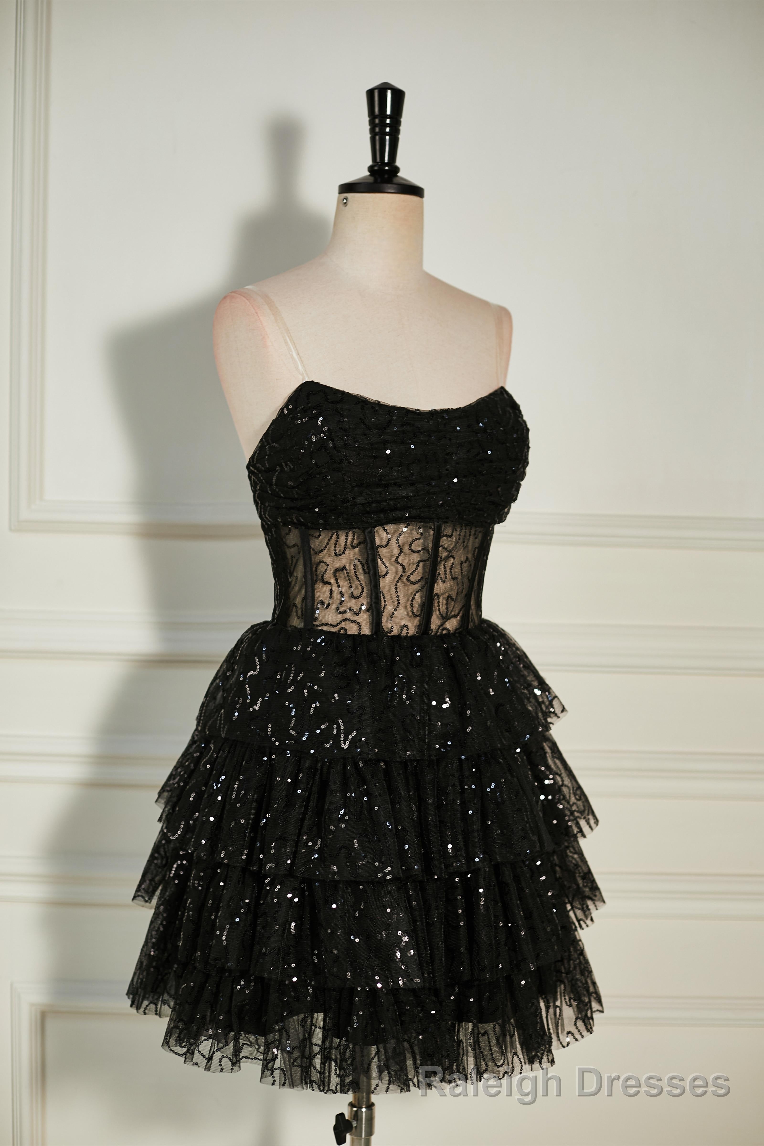 Black Sequined Strapless Multi-Layers Tulle Cocktail Dress