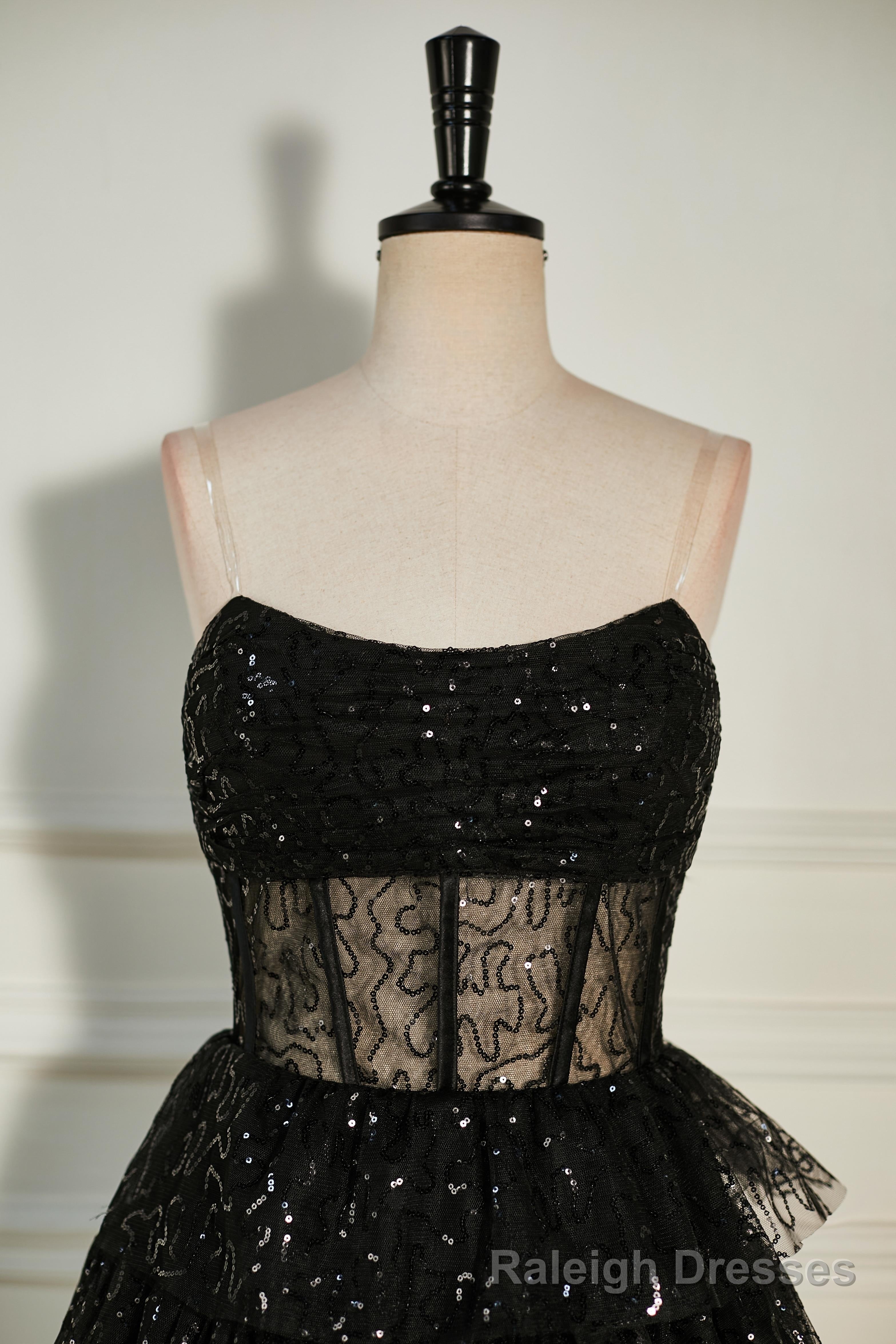 Black Sequined Strapless Multi-Layers Tulle Cocktail Dress