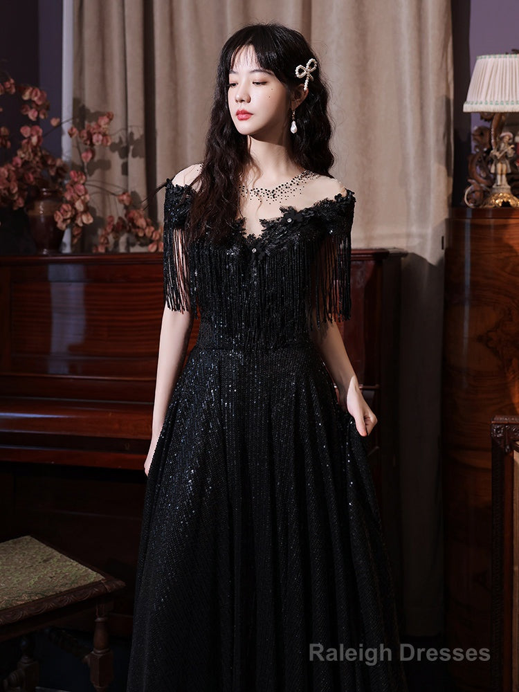 Black Sequins And Lace A-Line Prom Dresses Black Prom Dresseses Secondary image