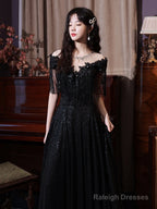 Black Sequins And Lace A-Line Prom Dresses Black Prom Dresseses
