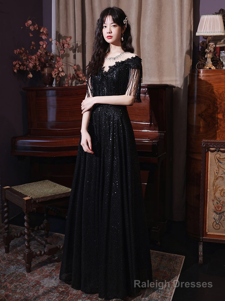 Black Sequins And Lace A-Line Prom Dresses Black Prom Dresseses