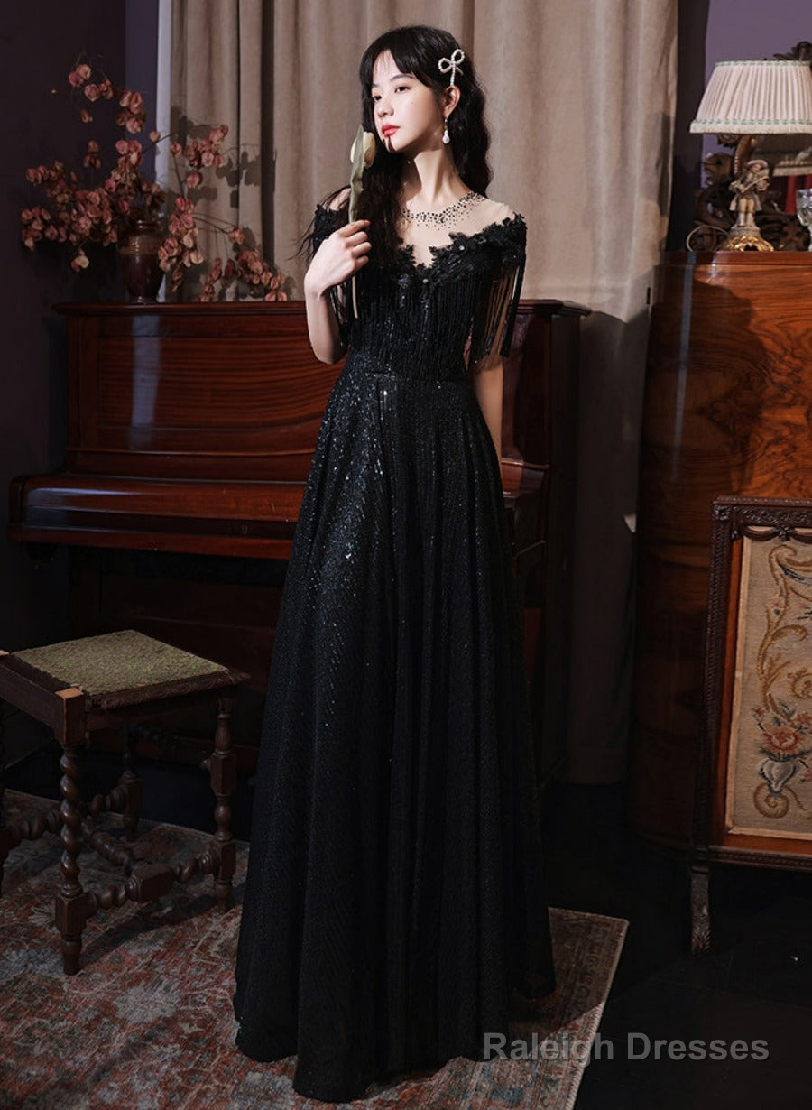Black Sequins And Lace A-Line Prom Dress, Black Formal Dress Party Dress Main image