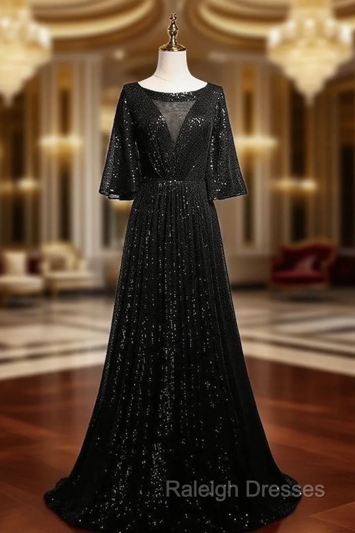 Black Sequins Bell Sleeve Prom Dress Main image