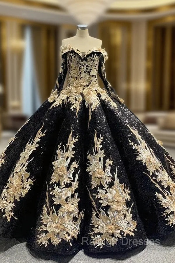 Black Sequins Long Sleeve Appliques Prom Dresses