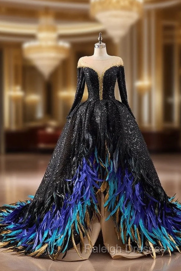 Black Sequins Long Sleeve Feather Prom Dress