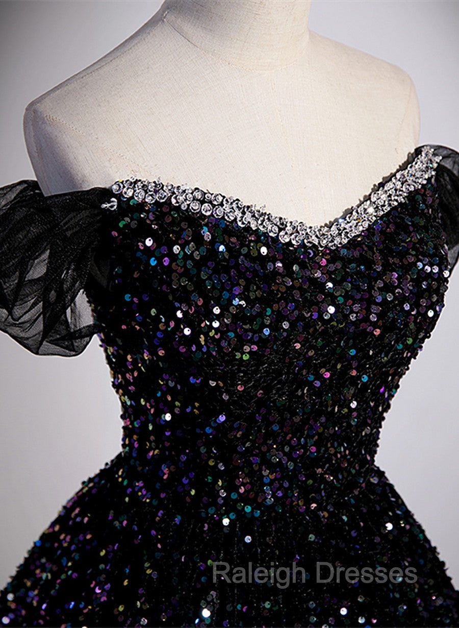 Black Sequins Off Shoulder Beaded Party Dress, A-line Black Formal Dress Secondary image