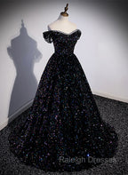 Black Sequins Off Shoulder Beaded Party Dress, A-line Black Formal Dress