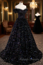 Black Sequins Off Shoulder Beaded Party Dress, A-line Black Formal Dress