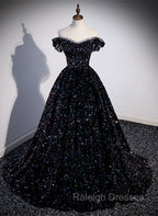 Black Sequins Off Shoulder Beaded Party Dress, A-line Black Formal Dress