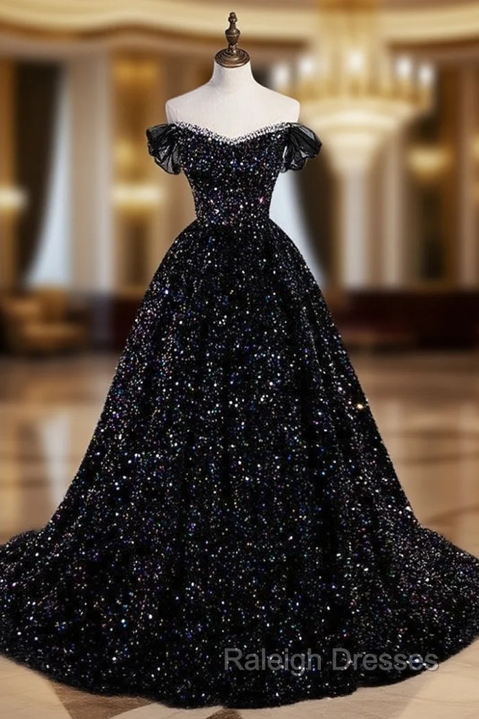 Black Sequins Off the Shoulder Prom Dress Main image