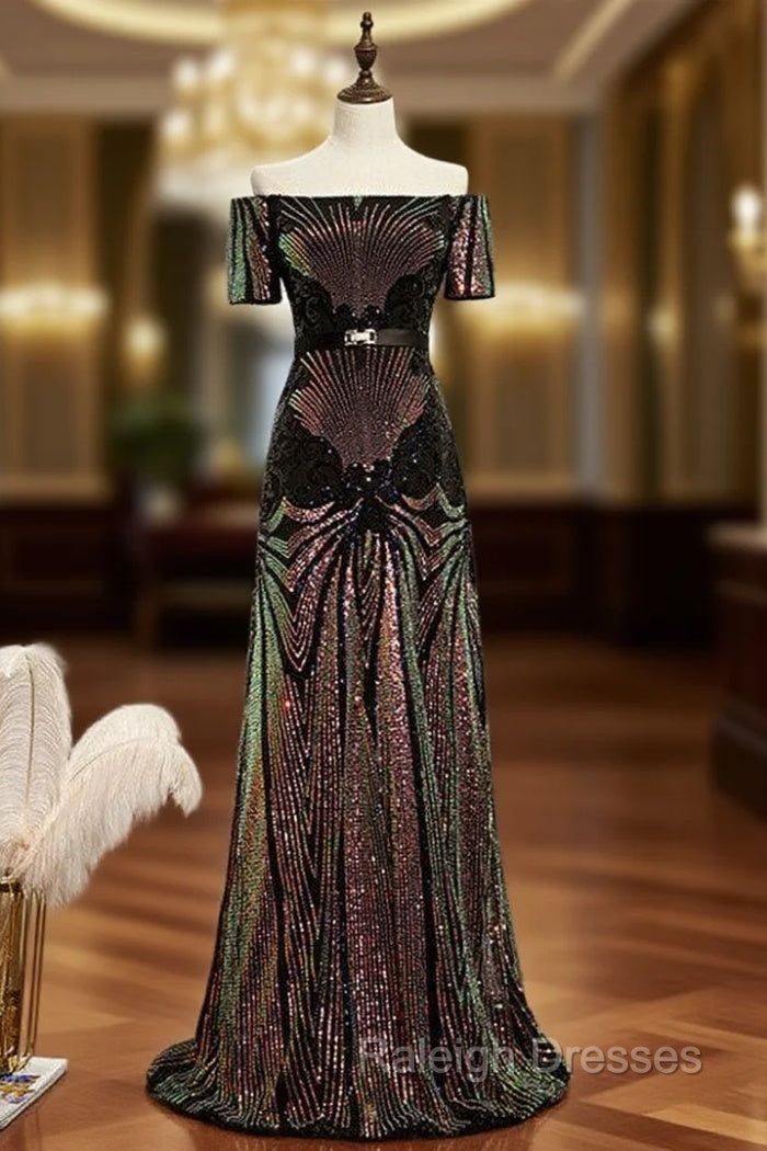 Black Sequins Off the Shoulder Short Sleeve Prom Dresses