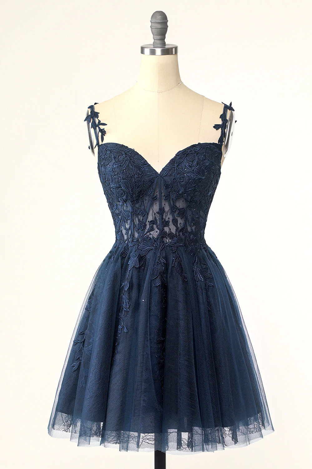 Navy Blue Spaghetti Straps Short Homecoming Dresses With Appliques Main image